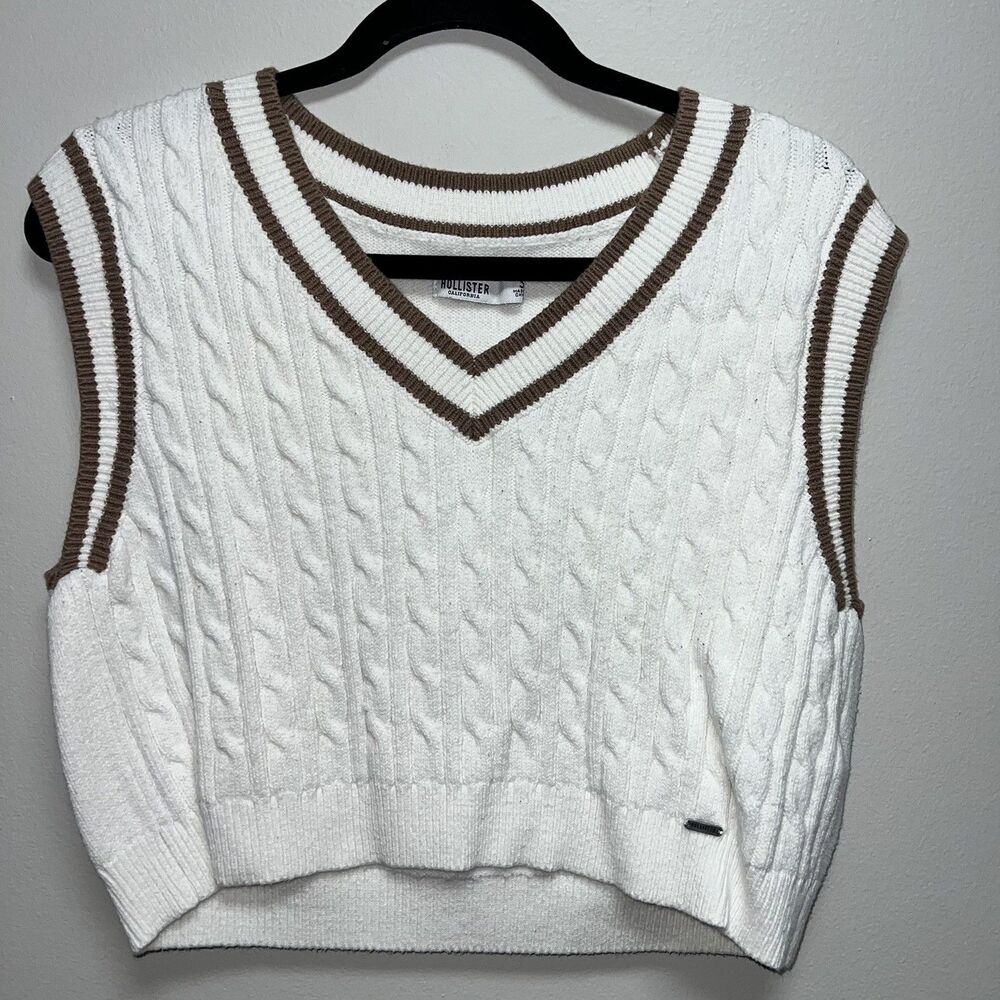 Hollister Cropped Cable Knit Sweater Womens Small S V Neck Preppy Tennis Y2K